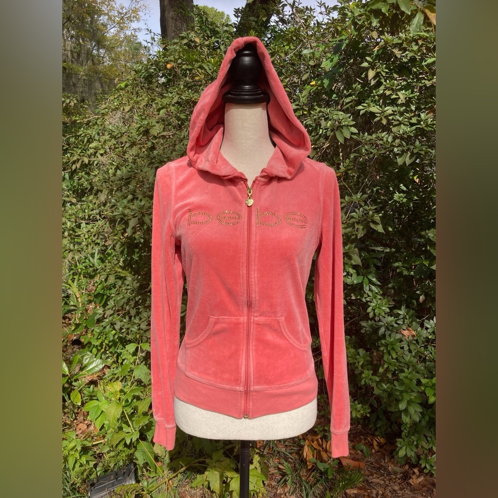 bebe pink zip up velour jacket with rhinestones
